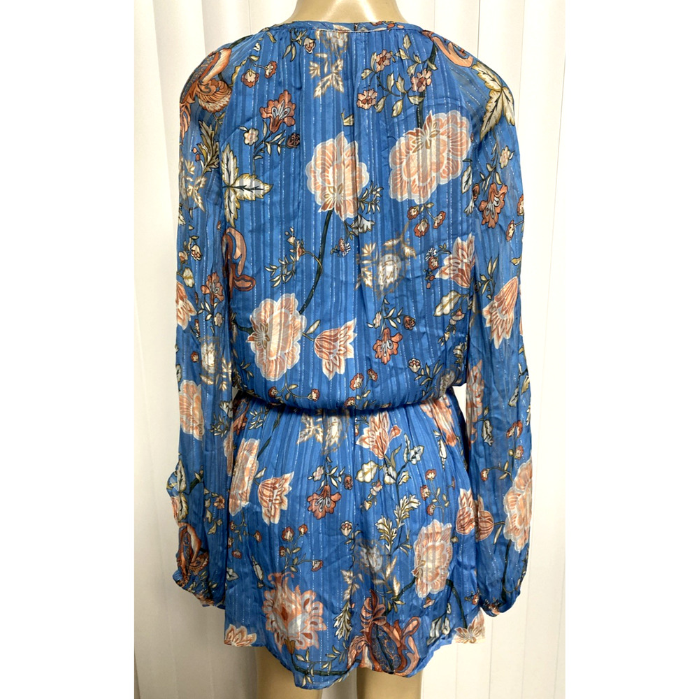 Ramy Brook Printed Hamilton Long Sleeve Mini Blouson Dress Blue Floral Ruffled M - Picture 8 of 12